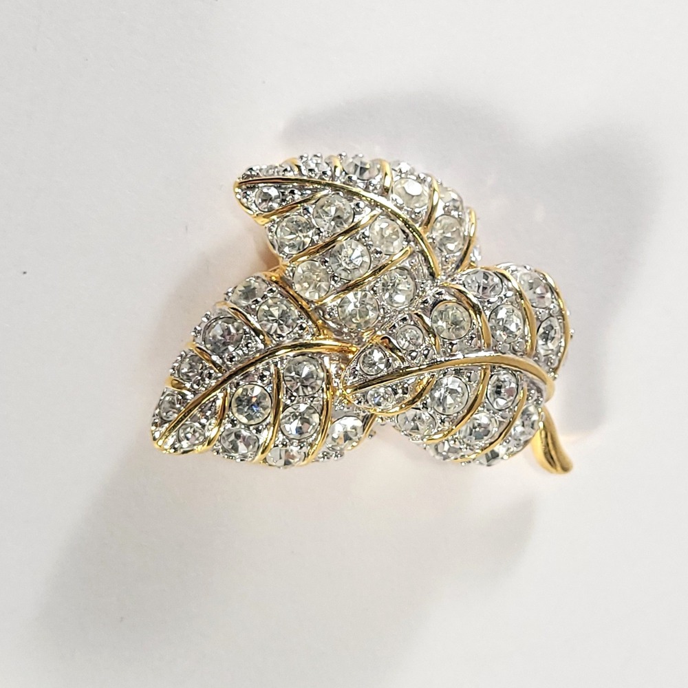 Nolan Miller‎ Leaf Brooch Women Gold Tone Clear Crystal Triple Leaf Pin Jewelry